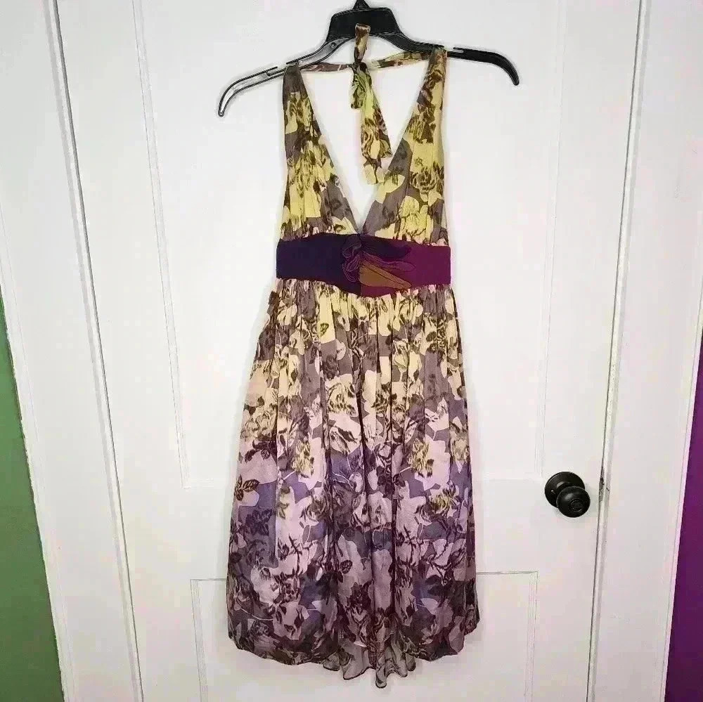 Size XS Marciano Floral Watercolor Silk Halter Dress Green / Purple